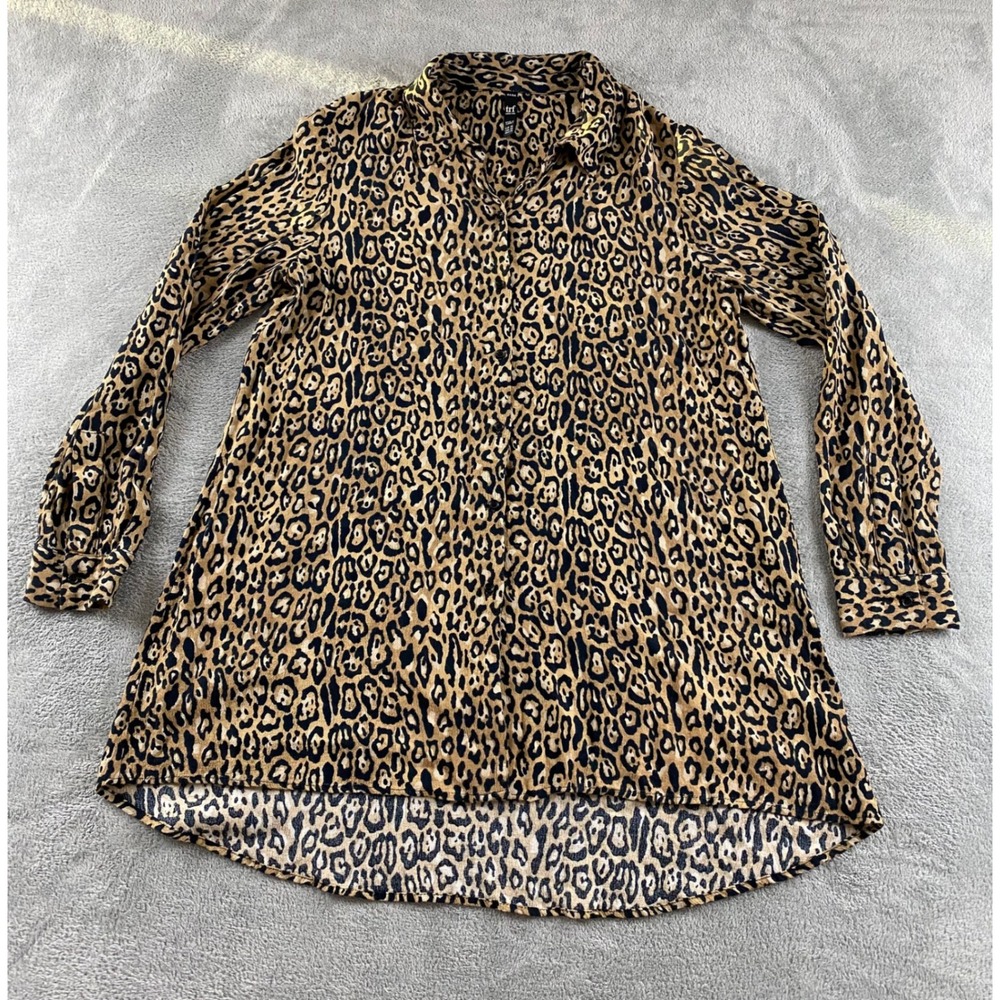 Zara TRF Womens Leopard Print Longline Button Down Shirt Tunic Tan Black Size XS